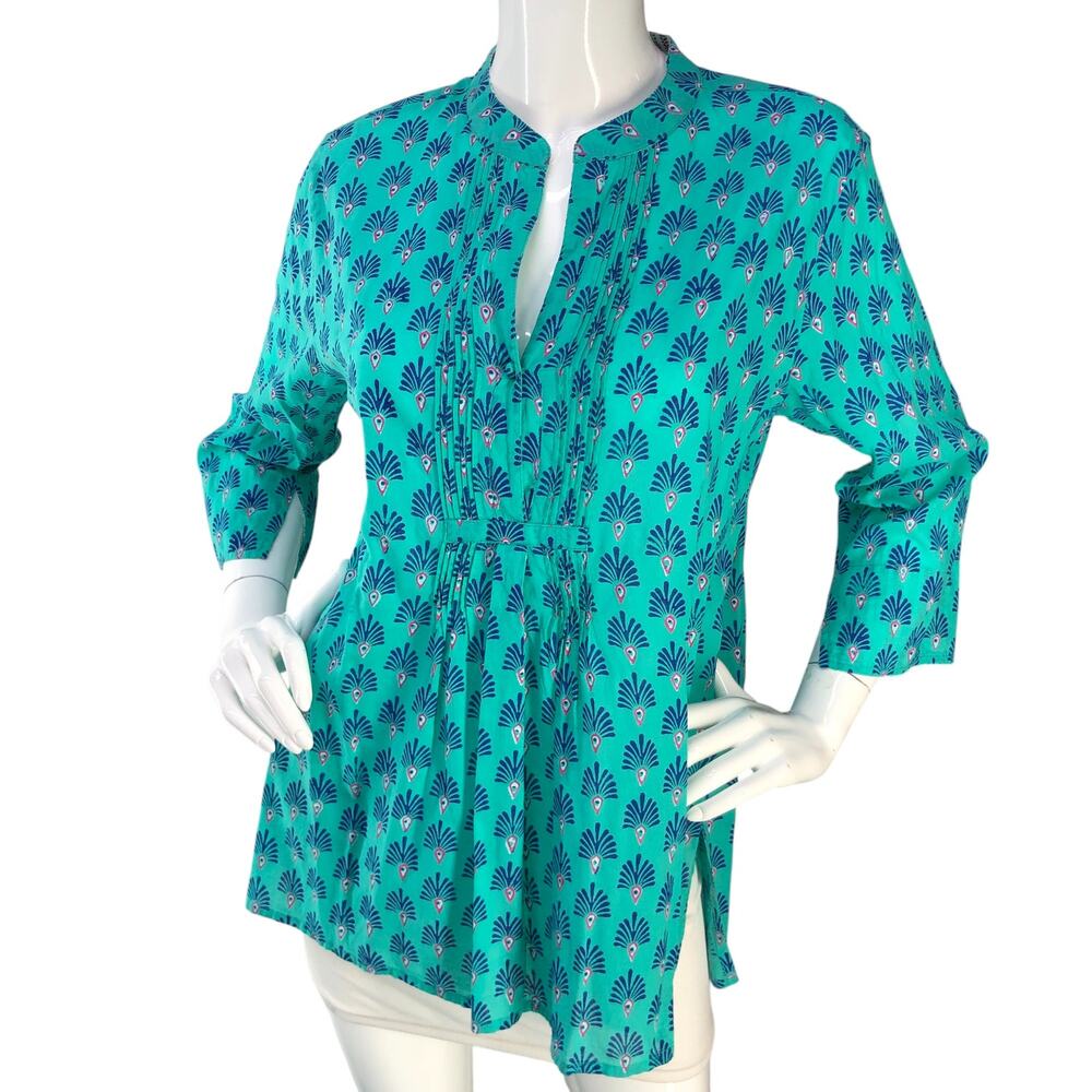 Roller Rabbit Womens Size M Top Checha Arles Shirt Tunic Split Neck 3/4 Sleeve